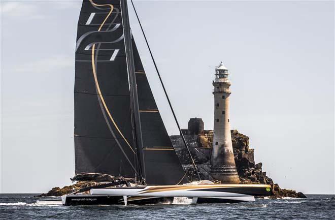 SPINDRIFT 2 rounds the Fastnet Rock at 14.03 BST on Monday afternoon - 2013 Rolex Fastnet Race ©  Rolex/Daniel Forster http://www.regattanews.com